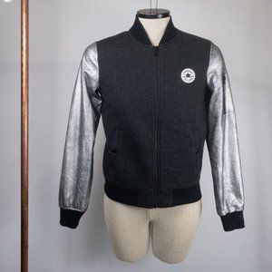 Converse Varsity Jacket Sweater Zip Up Silver Sleeves Scuba Fleece XS